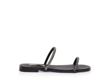 Σανδάλια χειροποίητα ανθρακί δερματίνη με διπλή φάσα από στρας ΑΤΣΑΛΙ - Tsoukalas - 