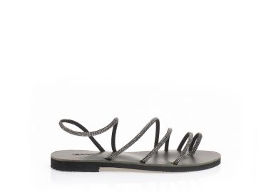 Σανδάλια χειροποίητα ανθρακί δερματίνη με λουράκια και σχέδιο δαχτυλίδι από στρας ΑΤΣΑΛΙ - Tsoukalas - 
