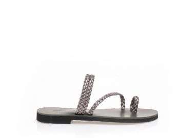 Σανδάλια χειροποίητα ανθρακί δερματίνη με λουράκια πλεξούδας και σχέδιο δαχτυλίδι ΑΤΣΑΛΙ - Tsoukalas - 