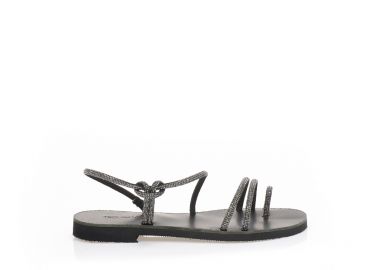 Σανδάλια χειροποίητα ανθρακί δερματίνη με με πολλαπλά λουράκια και σχέδιο δαχτυλίδι από στρας ΑΤΣΑΛΙ - Tsoukalas - 