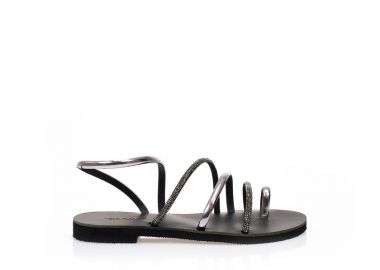 Σανδάλια χειροποίητα ανθρακί δερματίνη με πολλαπλά λουράκια από στρας και σχέδιο δαχτυλίδι ΓΚΡΙ - Tsoukalas - 