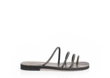 Σανδάλια χειροποίητα ανθρακί δερματίνη με πολλαπλά λουράκια και σχέδιο δαχτυλίδι από στρας ΑΤΣΑΛΙ - Tsoukalas - 