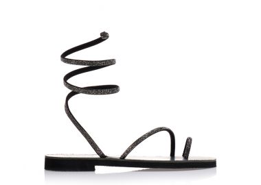 Σανδάλια χειροποίητα ανθρακί δερματίνη με σχέδιο δαχτυλίδι και λουράκια από στρας ΑΤΣΑΛΙ - Tsoukalas - 