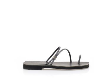 Σανδάλια χειροποίητα ανθρακί με γκλίτερ δερματίνη με λοξό λουράκι και σχέδιο δαχτυλίδι ΜΑΥΡΟ - Tsoukalas - 