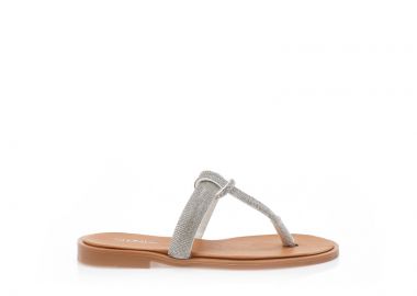 Σανδάλια χειροποίητα ασημί δερματίνη με διχάλα και φάσα από στρας ΑΣΗΜΙ - Tsoukalas - 