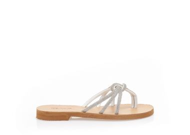 Σανδάλια χειροποίητα ασημί δερματίνη με διχάλα και πολλαπλά λουράκια από στρας ΑΣΗΜΙ - Tsoukalas - 