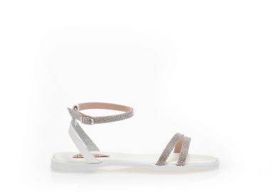 Σανδάλια χειροποίητα ασημί δερματίνη με διπλή φάσα και λουράκι στον αστράγαλο από στρας ΑΣΗΜΙ - Tsoukalas - 
