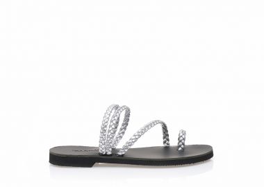 Σανδάλια χειροποίητα ασημί δερματίνη με λουράκια πλεξούδας και σχέδιο δαχτυλίδι ΑΣΗΜΙ - Tsoukalas - 