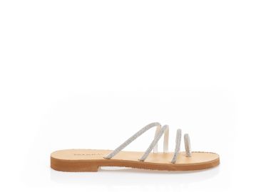 Σανδάλια χειροποίητα ασημί δερματίνη με πολλαπλά λουράκια και σχέδιο δαχτυλίδι από στρας ΑΣΗΜΙ - Tsoukalas - 