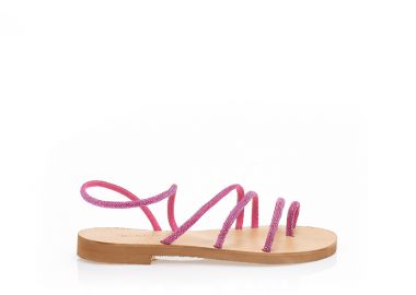 Σανδάλια χειροποίητα φούξια δερματίνη με λουράκια και σχέδιο δαχτυλίδι από στρας ΦΟΥΞΙΑ - Tsoukalas - 