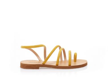 Σανδάλια χειροποίητα κίτρινα δερματίνη με πολλαπλά σουέτ λουράκια και σχέδιο δαχτυλίδι ΚΙΤΡΙΝΟ - Tsoukalas - 