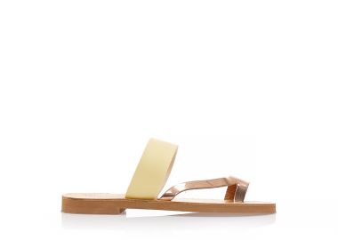 Σανδάλια χειροποίητα κίτρινα και μπρονζέ δερματίνη με φάσα και λοξό λουράκι ΚΙΤΡΙΝΟ - Tsoukalas - 