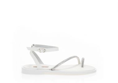 Σανδάλια χειροποίητα λευκά δερματίνη με σχέδιο δαχτυλίδι και λοξό λουράκι από στρας ΛΕΥΚΟ - Tsoukalas - 