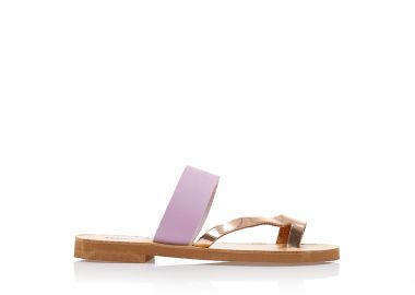 Σανδάλια χειροποίητα λιλά και μπρονζέ δερματίνη με φάσα και λοξό λουράκι ΜΩΒ - Tsoukalas - 