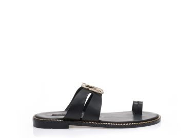 Σανδάλια χειροποίητα μαύρα δερματίνη με αγκράφα στη φάσα και σχέδιο δαχτυλίδι ΜΑΥΡΟ - Tsoukalas - 