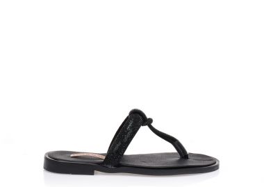 Σανδάλια χειροποίητα μαύρα δερματίνη με διχάλα και φάσα από στρας ΜΑΥΡΟ - Tsoukalas - 