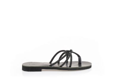 Σανδάλια χειροποίητα μαύρα δερματίνη με διχάλα και πολλαπλά λουράκια από στρας ΜΑΥΡΟ - Tsoukalas - 