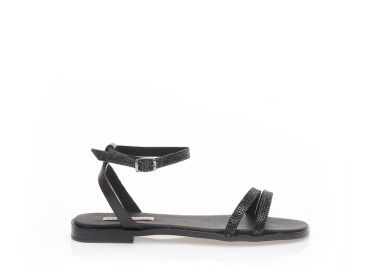 Σανδάλια χειροποίητα μαύρα δερματίνη με διπλή φάσα και λουράκι στον αστράγαλο από στρας ΜΑΥΡΟ - Tsoukalas - 