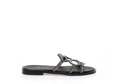 Σανδάλια χειροποίητα μαύρα δερματίνη με ιδιαίτερη φάσα και στρας ΜΑΥΡΟ - Tsoukalas - 