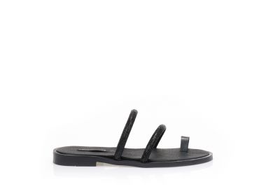 Σανδάλια χειροποίητα μαύρα δερματίνη με λουράκια από στρας και σχέδιο δαχτυλίδι ΜΑΥΡΟ - Tsoukalas - 