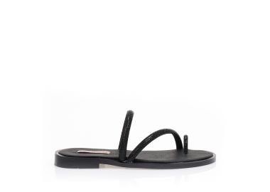 Σανδάλια χειροποίητα μαύρα δερματίνη με λουράκια από στρας και σχέδιο δαχτυλίδι ΜΑΥΡΟ - Tsoukalas - 