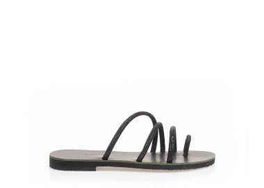 Σανδάλια χειροποίητα μαύρα δερματίνη με πολλαπλά λουράκια και σχέδιο δαχτυλίδι από στρας ΜΑΥΡΟ - Tsoukalas - 