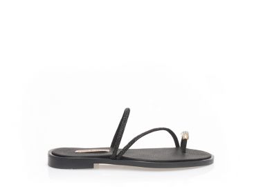 Σανδάλια χειροποίητα μαύρα δερματίνη με σχέδιο δαχτυλίδι από ιριδίζον στρας και λουράκια από μαύρα στρας ΜΑΥΡΟ - Tsoukalas - 