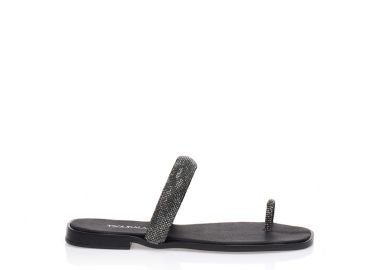 Σανδάλια χειροποίητα μαύρα δερματίνη με σχέδιο δαχτυλίδι και φάσα από στρας ΜΑΥΡΟ - Tsoukalas - 