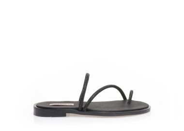 Σανδάλια χειροποίητα μαύρα δερματίνη με σχέδιο δαχτυλίδι και λουράκια από στρας ΜΑΥΡΟ - Tsoukalas - 