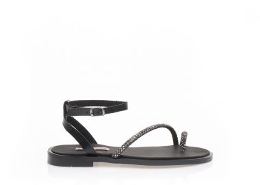 Σανδάλια χειροποίητα μαύρα δερματίνη με σχέδιο δαχτυλίδι και λοξό λουράκι από στρας ΜΑΥΡΟ - Tsoukalas - 