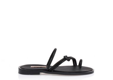 Σανδάλια χειροποίητα μαύρα δερματίνη με σχέδιο δαχτυλίδι και πολλαπλά λουράκια από στρας ΜΑΥΡΟ - Tsoukalas - 