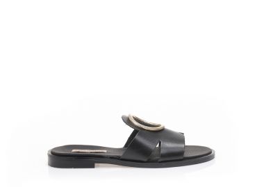 Σανδάλια χειροποίητα μαύρα δερματίνη με στρογγυλή μεταλλική αγκράφα ΜΑΥΡΟ - Tsoukalas - 