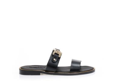 Σανδάλια χειροποίητα μαύρα δερματίνη μπαρέτα και αγκράφα στη φάσα ΜΑΥΡΟ - Tsoukalas - 