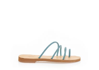 Σανδάλια χειροποίητα μπλε δερματίνη με πολλαπλά λουράκια και σχέδιο δαχτυλίδι από στρας ΓΑΛΑΖΙΟ - Tsoukalas - 
