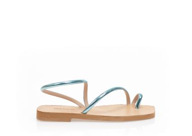 Σανδάλια χειροποίητα μπλε μεταλλιζέ δερματίνη με λουράκια και σχέδιο δαχτυλίδι ΓΑΛΑΖΙΟ - Tsoukalas - 