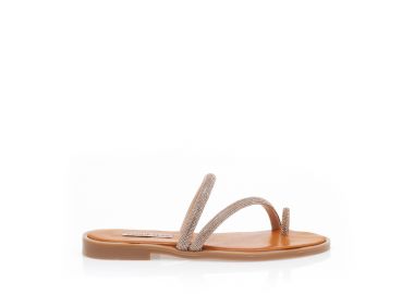 Σανδάλια χειροποίητα μπρονζέ δερματίνη με λουράκια από στρας και σχέδιο δαχτυλίδι ΧΑΛΚΟΣ - Tsoukalas - 