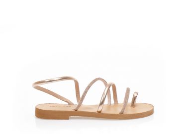 Σανδάλια χειροποίητα μπρονζέ δερματίνη με λουράκια και σχέδιο δαχτυλίδι από δερματίνη και στρας ΧΑΛΚΟΣ - Tsoukalas - 