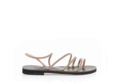 Σανδάλια χειροποίητα μπρονζέ δερματίνη με λουράκια και σχέδιο δαχτυλίδι από στρας ΜΠΡΟΝΖΕ - Tsoukalas - 