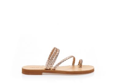 Σανδάλια χειροποίητα μπρονζέ δερματίνη με λουράκια πλεξούδας και σχέδιο δαχτυλίδι ΧΑΛΚΟΣ - Tsoukalas - 