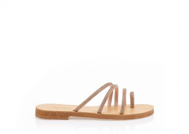 Σανδάλια χειροποίητα μπρονζέ δερματίνη με πολλαπλά λουράκια και σχέδιο δαχτυλίδι από στρας με μπεζ πάτο ΜΠΡΟΝΖΕ - Tsoukalas - 