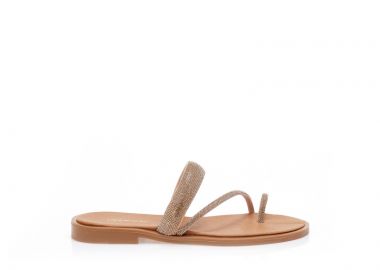 Σανδάλια χειροποίητα μπρονζέ δερματίνη με σχέδιο δαχτυλίδι και λοξό λουράκι από στρας ΧΑΛΚΟΣ - Tsoukalas - 