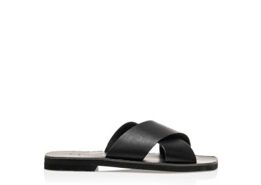 Σανδάλια χειροποίητα ολόμαυρα δερματίνη με σχέδιο χιαστί στη φάσα ΜΑΥΡΟ - Tsoukalas - 