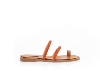 Σανδάλια χειροποίητα πορτοκαλί δερματίνη με λουράκια από στρας και σχέδιο δαχτυλίδι ΠΟΡΤΟΚΑΛΙ - Tsoukalas - 