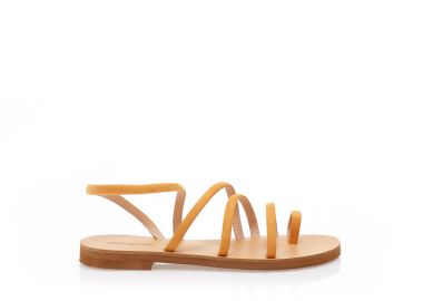 Σανδάλια χειροποίητα πορτοκαλί δερματίνη με πολλαπλά σουέτ λουράκια και σχέδιο δαχτυλίδι ΠΟΡΤΟΚΑΛΙ - Tsoukalas - 