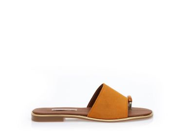 Σανδάλια χειροποίητα πορτοκαλί δερματίνη με σουέτ φάσα και σχέδιο δαχτυλίδι ΠΟΡΤΟΚΑΛΙ - Tsoukalas - 