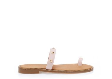 Σανδάλια χειροποίητα ροζ δερματίνη με σχέδιο δαχτυλίδι και διακοσμητικά τρουκς NUDE - Tsoukalas - 