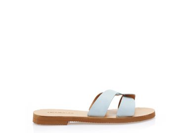 Σανδάλια χειροποίητα σιέλ από αναγενημένο δέρμα με σχέδιο χιαστί στη φάσα ΓΑΛΑΖΙΟ - Tsoukalas - 
