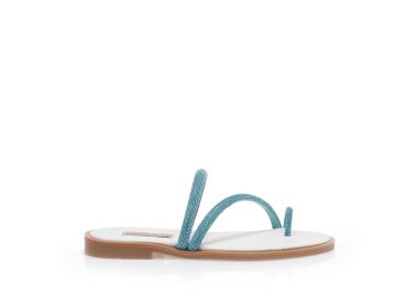 Σανδάλια χειροποίητα σιέλ δερματίνη με λουράκια από στρας και σχέδιο δαχτυλίδι ΓΑΛΑΖΙΟ - Tsoukalas - 