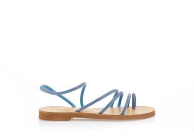 Σανδάλια χειροποίητα σιέλ δερματίνη με λουράκια από στρας και σχέδιο δαχτυλίδι ΓΑΛΑΖΙΟ - Tsoukalas - 