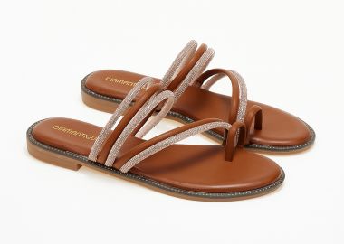 Σανδάλια φλατ με toe-ring και glitter - Κάμελ - Issue - 